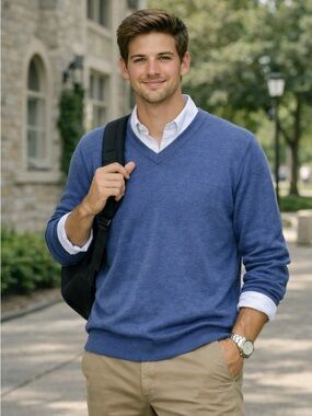 BRITCHES Men’s V-Neck Merino Wool Sweater in Dusty Blue